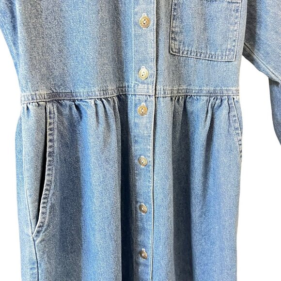 Vintage Elements Spiegel Blue Denim Dress Sz 2P Black Velvet Trim Cotton USA L/S - Picture 10 of 13